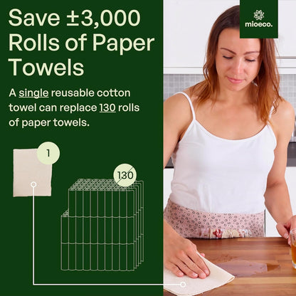 mioeco 20 Pack Reusable Kitchen Paper Towels Washable - Super Absorbent Natural unPaper Towels - Natural Cotton - Reusable, Paperless Kitchen Dish Cloths - 100% Organic