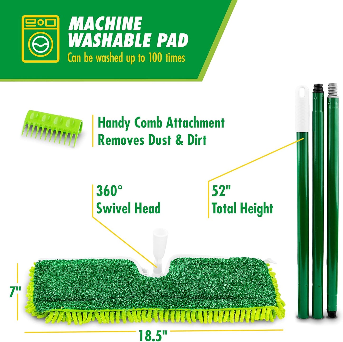 Libman 18" 2-Sided Microfiber Dust Mop, Double Sided Dry Wet Mops for Floor Cleaning, Hardwood, Laminate, Tile Cleaner, 360 Degree Swivel Head, 49” Long Handle