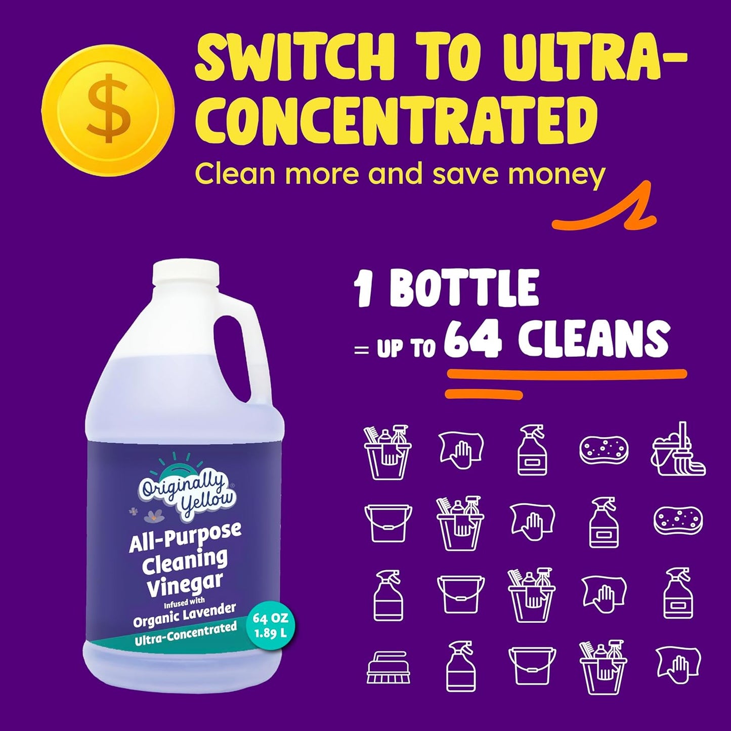 Originally Yellow Lavender White Vinegar For Cleaning Purpose | USA Made All Purpose Cleaner | Use as Glass, Kitchen & Floor Cleaner | Plant Derived Cleaning Vinegar 1 Gallon in 2 pack | 128 Oz