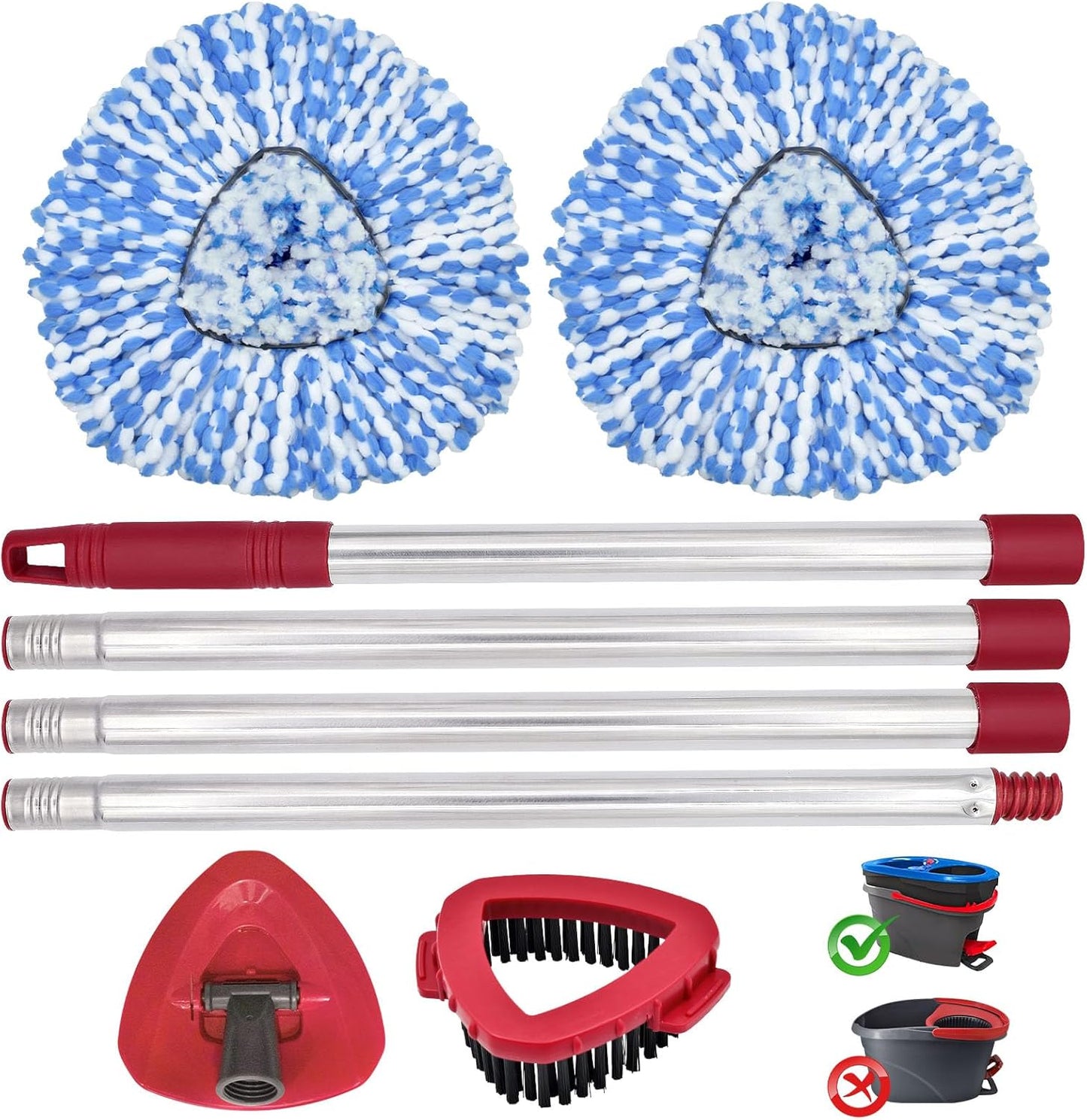 Spin Mop Replace Head, Base, Mop Handle Replacement for OCedar EasyWring 1 Tank System, Include 2 Microfiber Mop Head Replacement, 1 Sturdy Iron 30-58" Mop Handle, 1 Scrubber Head, 1 Spin Base