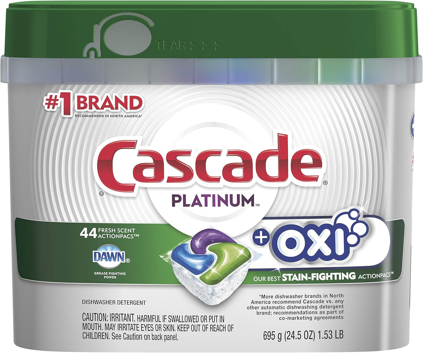 Cascade Platinum Dishwasher Pods, ActionPacs + Oxi, Dishwasher Detergent, Fresh Scent, 44 Count