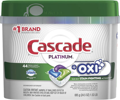 Cascade Platinum Dishwasher Pods, ActionPacs + Oxi, Dishwasher Detergent, Fresh Scent, 44 Count