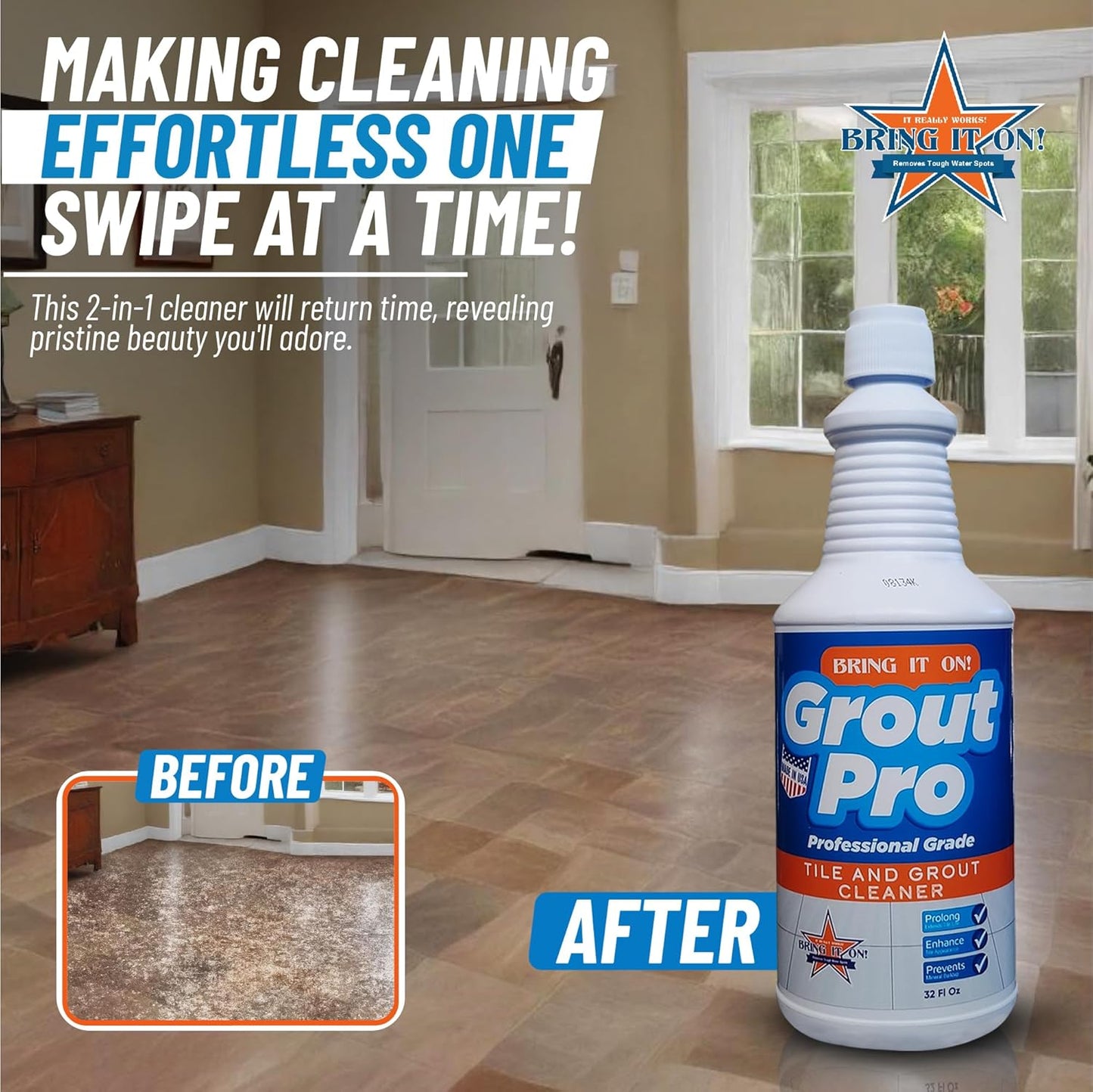 Bring It On Grout Cleaner Pro with Grout Cleaning Brush – 32Fl Oz Grout Cleaner for Shower Tile Includes 8-inch Heavy-Duty Grout and Tile Cleaner Brush – Effectively Removes Mineral Deposits