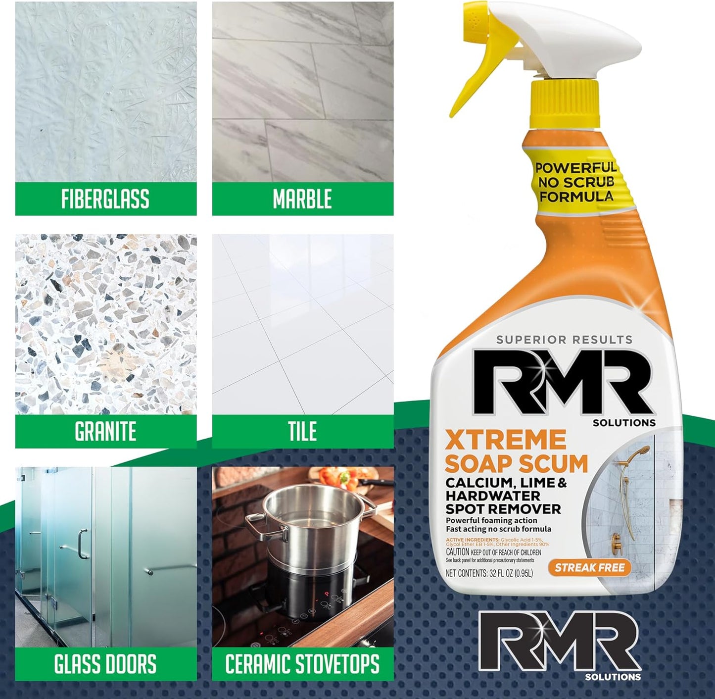 RMR - Xtreme Soap Scum Remover, Fast-Acting, No-Scrub Bathroom Cleaner for Soap Scum, Calcium, Hard Water, Limescale, and Shower Tile Residue, Bleach-Free, 30-Fluid Ounce Spray Bottle