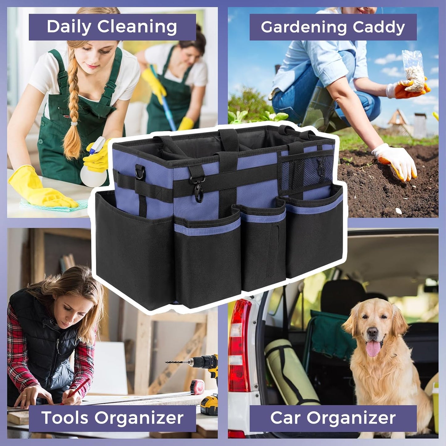 SCAVATA Wearable Cleaning Caddy Organizer with Handle & Shoulder Straps for Housekeepers, Under Sink & Car Cleaning Tool Organizer Bag with 4 Foldable Dividers (Green)
