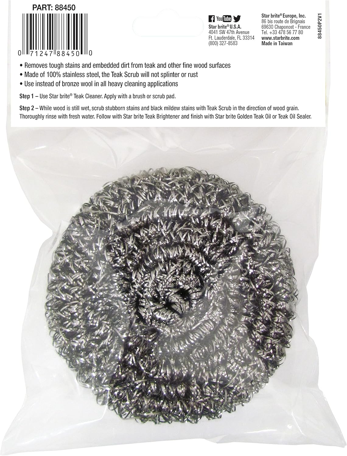 STAR BRITE Marine-Grade Stainless Steel Scrub Scouring Pad Scrubber - Refinish Wood Furniture & Boat Teak