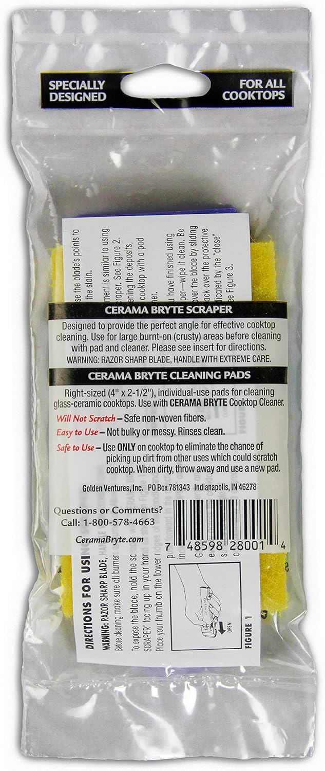 Cerama Bryte 1 x Scraper & 1 x Pad Kit Cooktop and Stove Top Cleaner for Glass - Ceramic Surfaces, 2 Piece Set