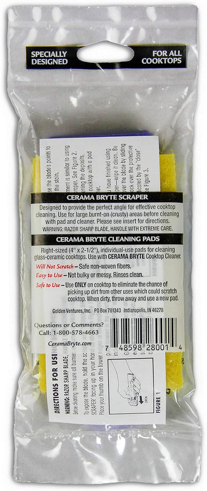 Cerama Bryte 1 x Scraper & 1 x Pad Kit Cooktop and Stove Top Cleaner for Glass - Ceramic Surfaces, 2 Piece Set