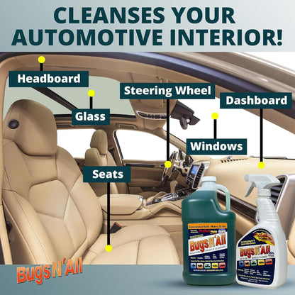 Bugs N’ All Multipurpose Car Cleaner & Degreaser - Bug & Tar Remover Concentrate 32 oz - Exterior Cleaner Safe for Car Paint, Metal, Chrome, Aluminum, Windows & Mirrors - w/Free 32 oz Spray Bottle