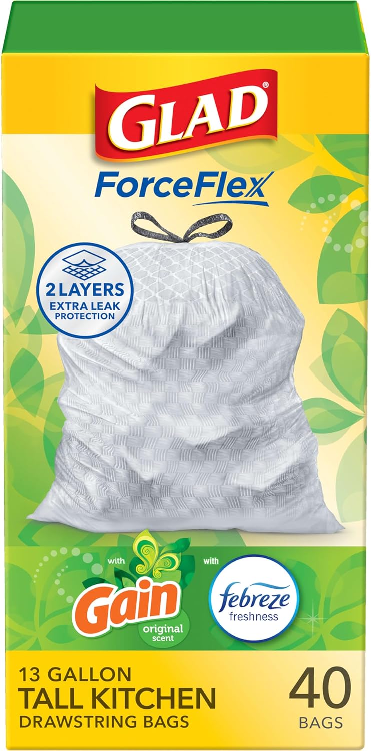 Glad ForceFlex Tall Kitchen Trash Bags, 13 Gal, Gain Original with Febreze, 110 Ct (Pack May Vary)