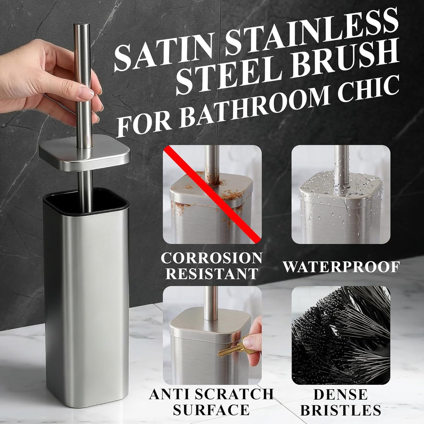 Stylish Stainless Steel Toilet Brush and Holder Set - Silver Toilet Bowl Brush and Holder with Splash Cover, Sturdy Bristles, Corrosion & Scratch Resistant - Elegant Design, Effective Deep Cleaning