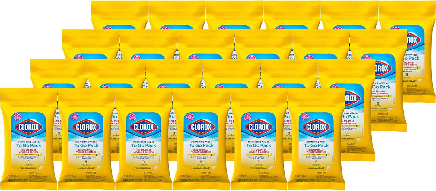 Clorox Disinfecting Wipes To Go Pack, Bleach Free, Fresh Scent, 9 Count, Pack of 24 (Pack May Vary)