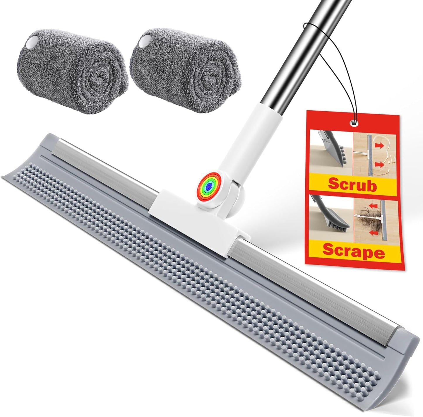 Floor Squeegee with Long Handle, 180° Rotating Silicone Broom for Concrete & Tile Floors, Squeegee for Water Removal on Garage, Bathroom and Deck, Adjustable 35–62 in Handle, 2 Pads