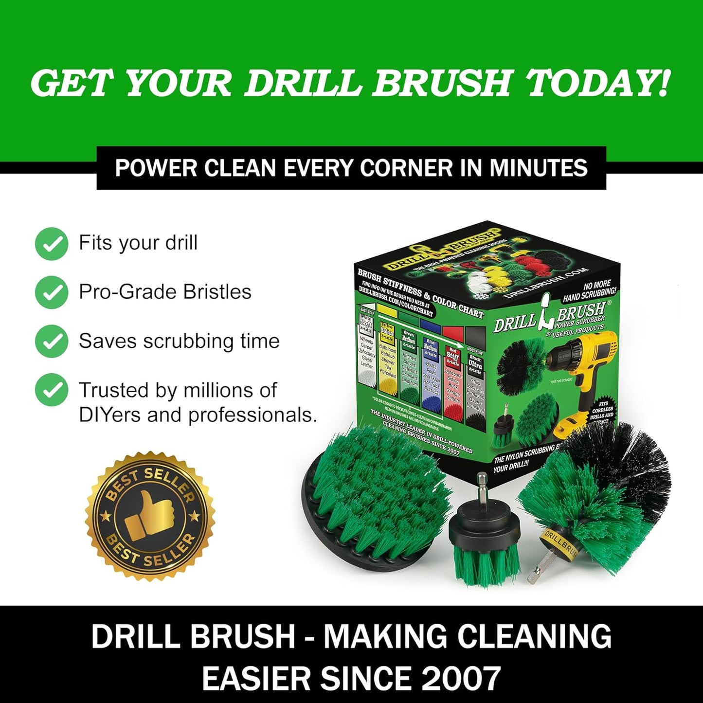 Drillbrush Drill Brush Attachment Set for Bathroom Cleaning – Power Scrubber Brush Kit for Tub, Tile, Shower, and Grout – All-Purpose Household Cleaning Brushes for Drill - Electric Grout Cleaner Kit