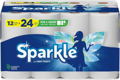 Sparkle Tear-A-Square Paper Towels, 2 Double Rolls (220 Sheets Total) - Strong 2-Ply Towels for Kitchen Cleanup and Everyday Messes