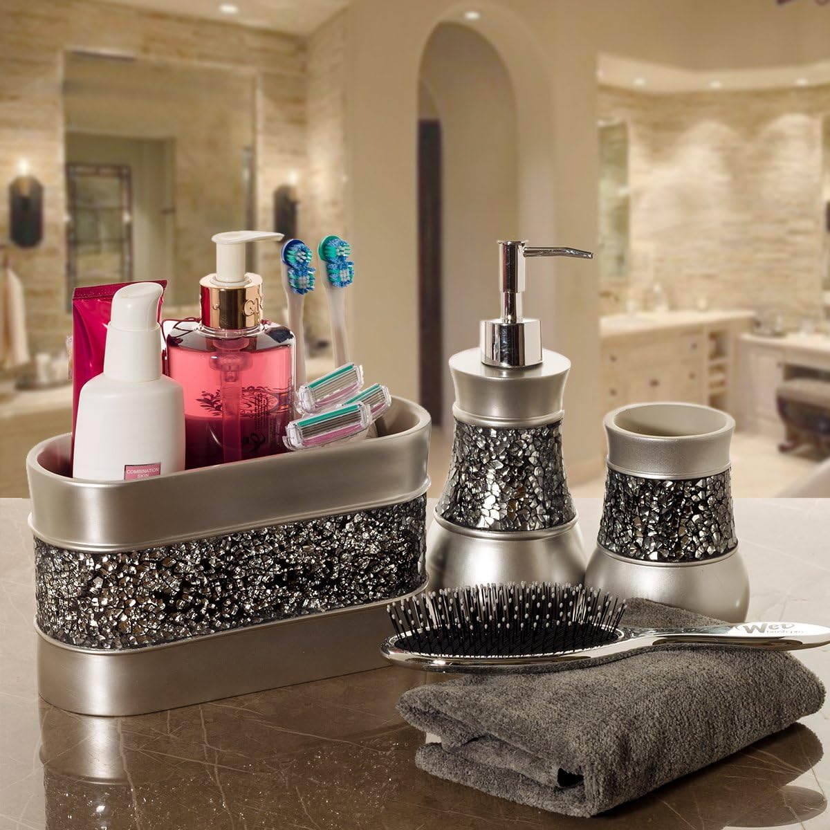 Creative Scents Crackled Glass Toilet Brush with Holder - Silver Toilet Bowl Cleaner Brush and Holder - Good Grip, Deep Cleaning, Decorative Design Compact Toilet Bowl Scrubber