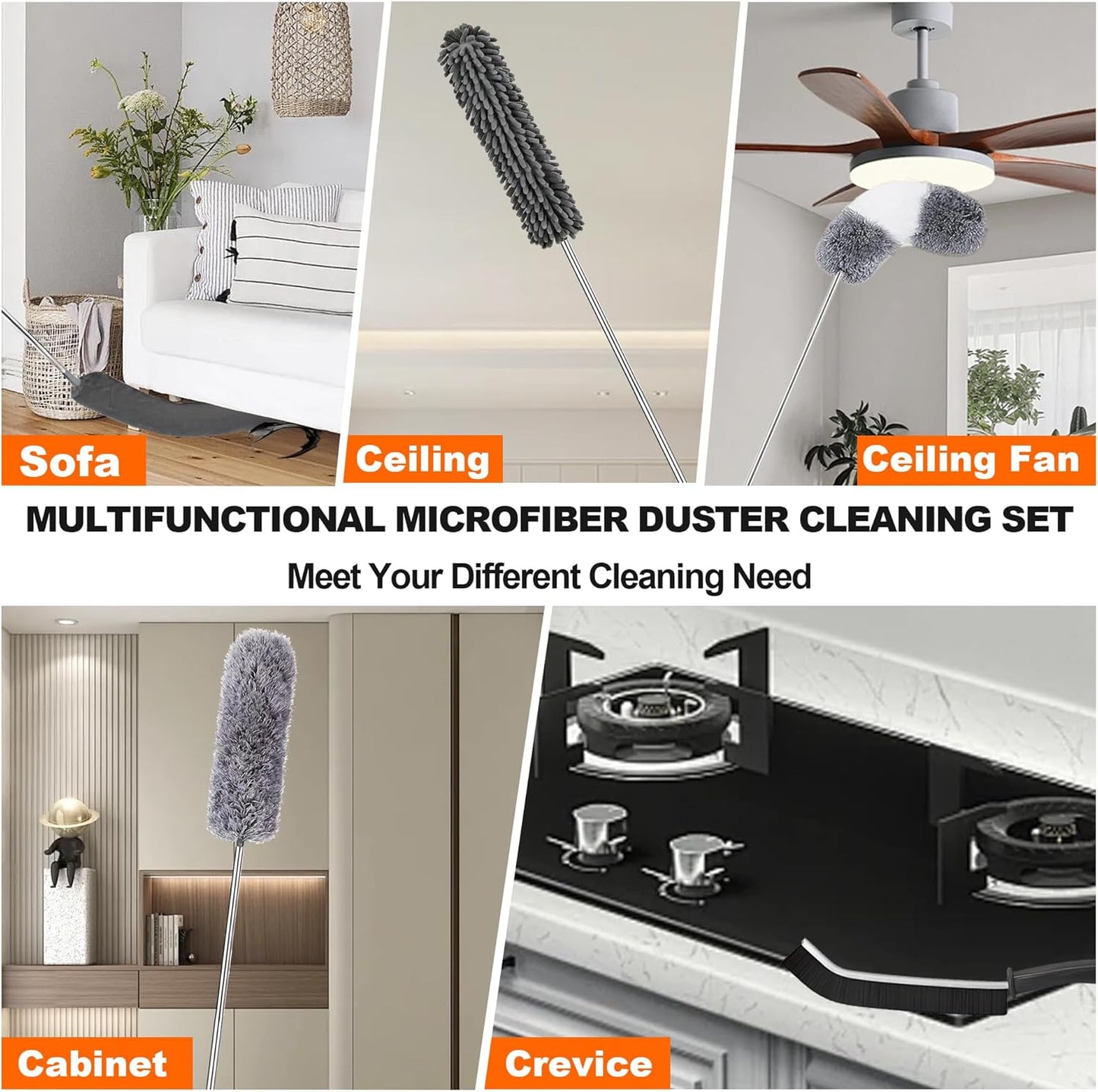 Microfiber Dusters for Cleaning,100" Professional Extension Pole Duster Kit with 2 Washable Bendable Heads,Cobweb Remover & Feather Duster for High Ceilings,Ceiling Fans,and Hard-to-Reach Areas,3PCS