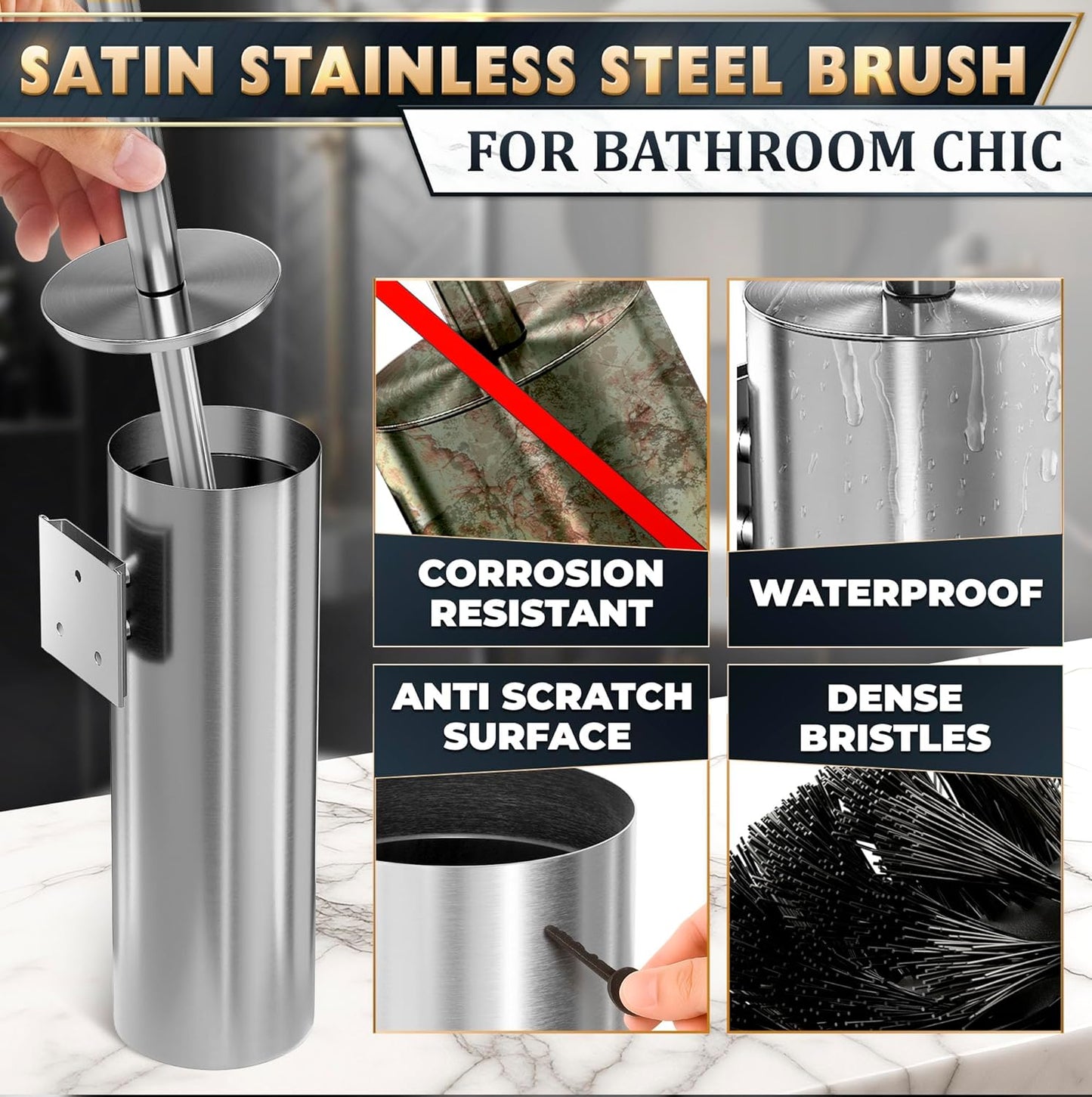 Stylish Stainless Steel Toilet Brush and Holder Set - Silver Toilet Bowl Brush and Holder with Splash Cover, Sturdy Bristles, Corrosion & Scratch Resistant - Elegant Design, Effective Deep Cleaning