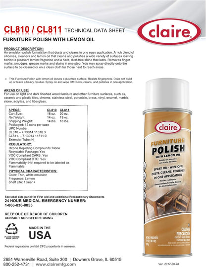 Claire CL811-12pk Furniture Polish with Lemon Oil, Orange, 19 Oz, 12 Count
