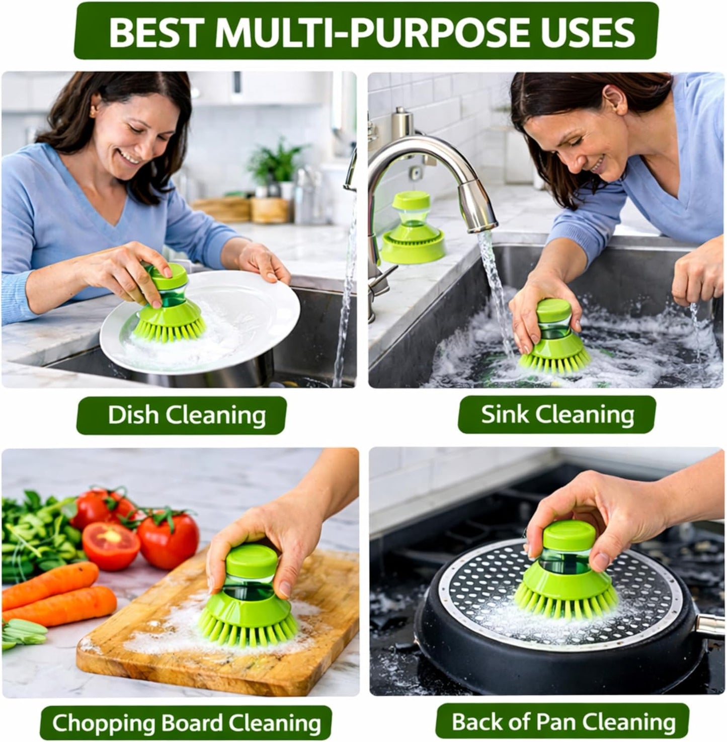 ExlntPro-Dish Brush with Soap Dispenser, Kitchen Scrub Brush with Holder & Drain Tray, Refillable Soap Dispensing Dish Scrubber for Pots, Pans & Sink Cleaning