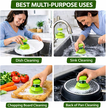 ExlntPro-Dish Brush with Soap Dispenser, Kitchen Scrub Brush with Holder & Drain Tray, Refillable Soap Dispensing Dish Scrubber for Pots, Pans & Sink Cleaning