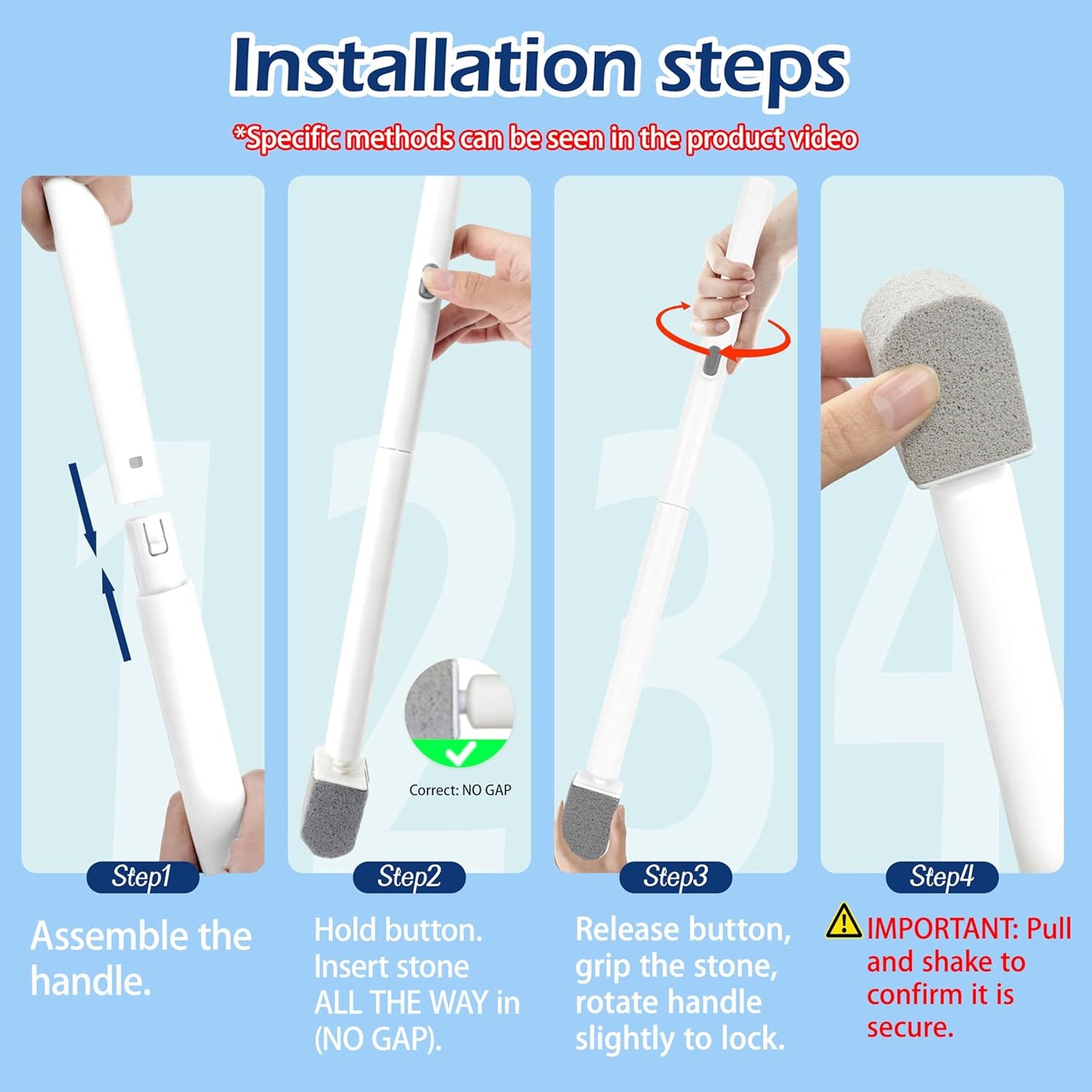 Pumice Stone Toilet Bowl Cleaner with 20" Ultra Long Handle, Push-Button Replaceable Head Hard Water Ring Stain Remover for Bathroom, Bathtub, Pool, Kitchen Sink Cleaning, 3 Pack (gray)