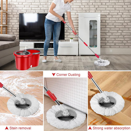 Spin Mop and Bucket with Wringer Set, 360° Spinning Mop Bucket System with 3 Microfiber Mop Replacement Heads, Adjustable Handle for Floor Cleaning (red)