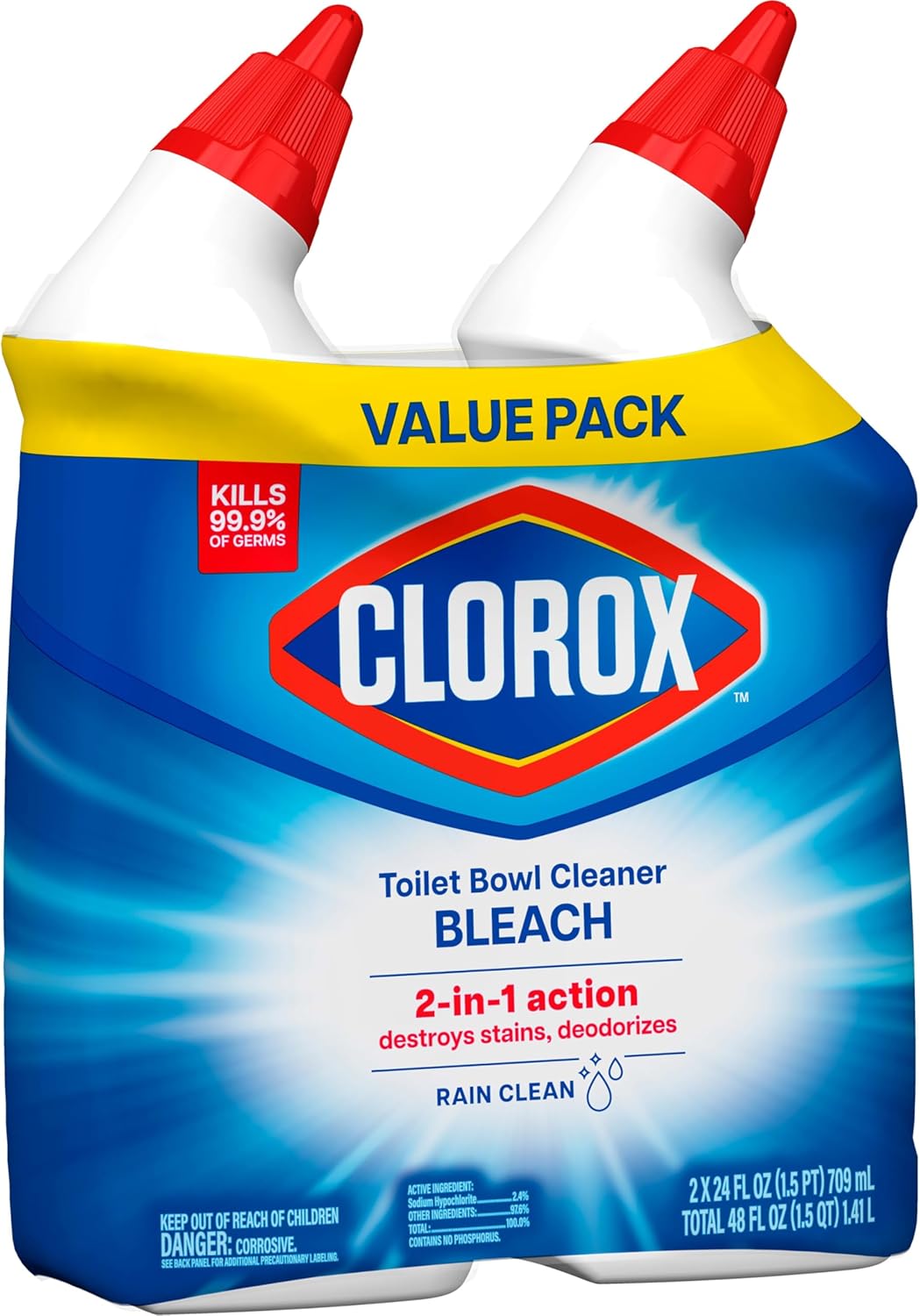 Clorox Toilet Bowl Cleaner Bleach, Rain Clean, 24 Fluid Ounces, Pack of 2 (Package May Vary)