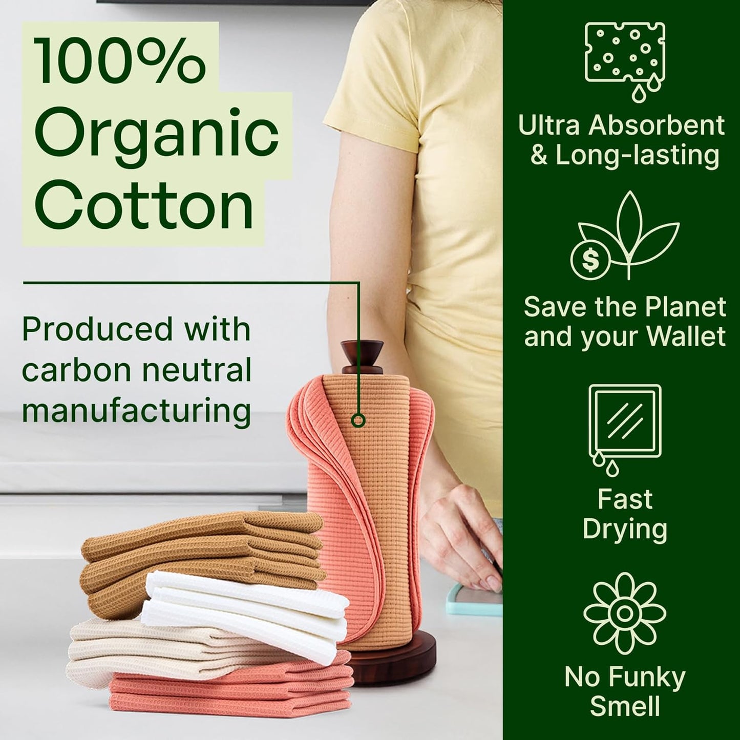 mioeco 20 Pack Reusable Kitchen Paper Towels Washable - Super Absorbent Natural unPaper Towels - Natural Cotton - Reusable, Paperless Kitchen Dish Cloths - 100% Organic