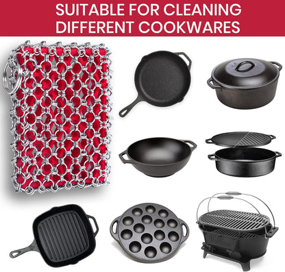 Cast Iron Scrubber Chainmail - 316L Cast Iron Cleaner Scrubber and Bamboo Cloth Set - Chain Mail Scrubber - Stainless Steel Chainmail Scrubber for Skillet, Pan, Dutch Oven - Essential Accessory