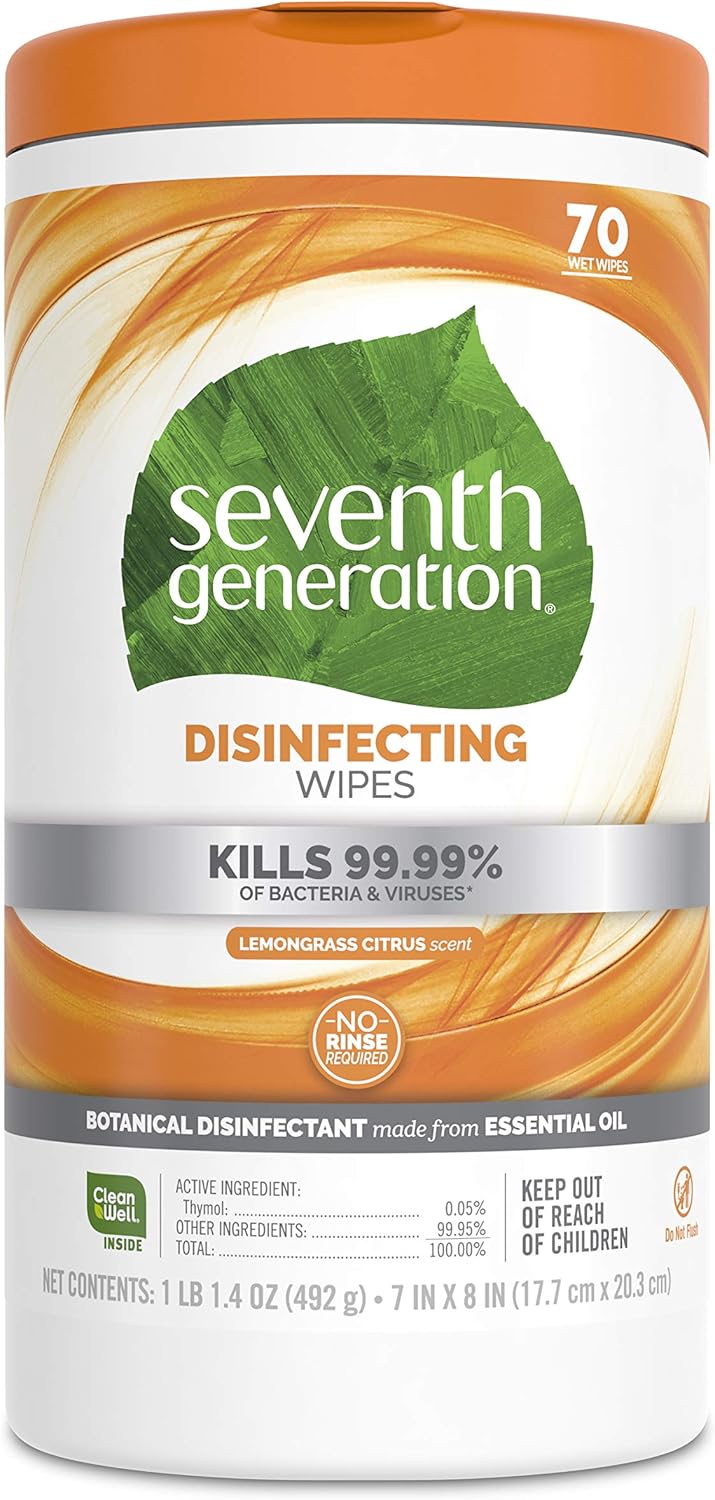 Seventh Generation Disinfecting Multi-Surface Wipes, Lemongrass Citrus, 70 Count, Pack of 3 (Packaging May Vary)