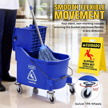 Matthew Cleaning 34 Quart Commercial Mop Bucket INCL.Wet String Mop with Side Press Wringer On Wheels,Heavy Duty Tandem Portable Floor Cleaning Wavebrake,Ideal for Household,Industrial,Restaurant