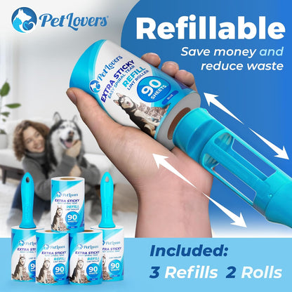 PetLovers Extra Sticky Lint Roller Mega Value Set 450 Sheets for Pet Hair Removal and Clothes, Dog and Cat Lint Remover 5 Pack