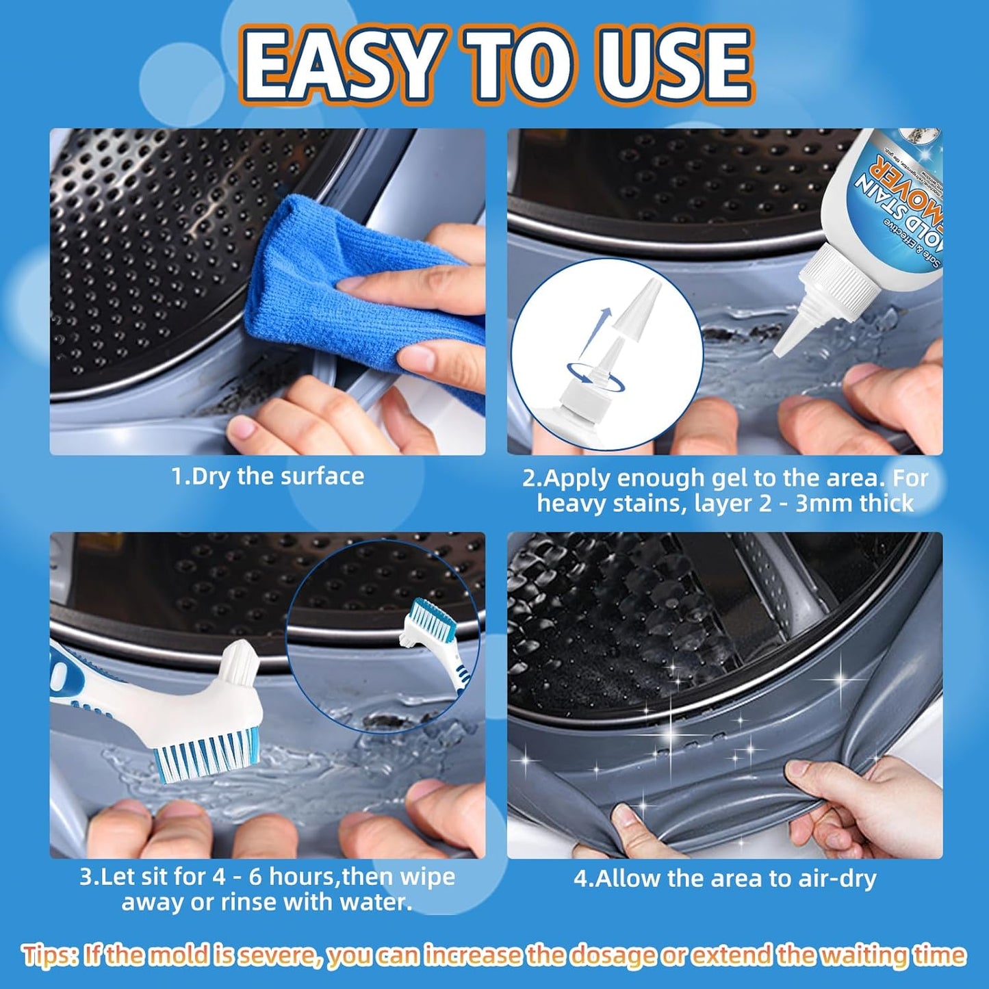 Home Mold Stain Remover Gel for Washer Seal, Thick No Scrub Mold Cleaner for Front Load Washing Machine, Bathroom Tile Grout & Silicone, Deep Cleaning & Odor Removal-Household Stain Cleaner