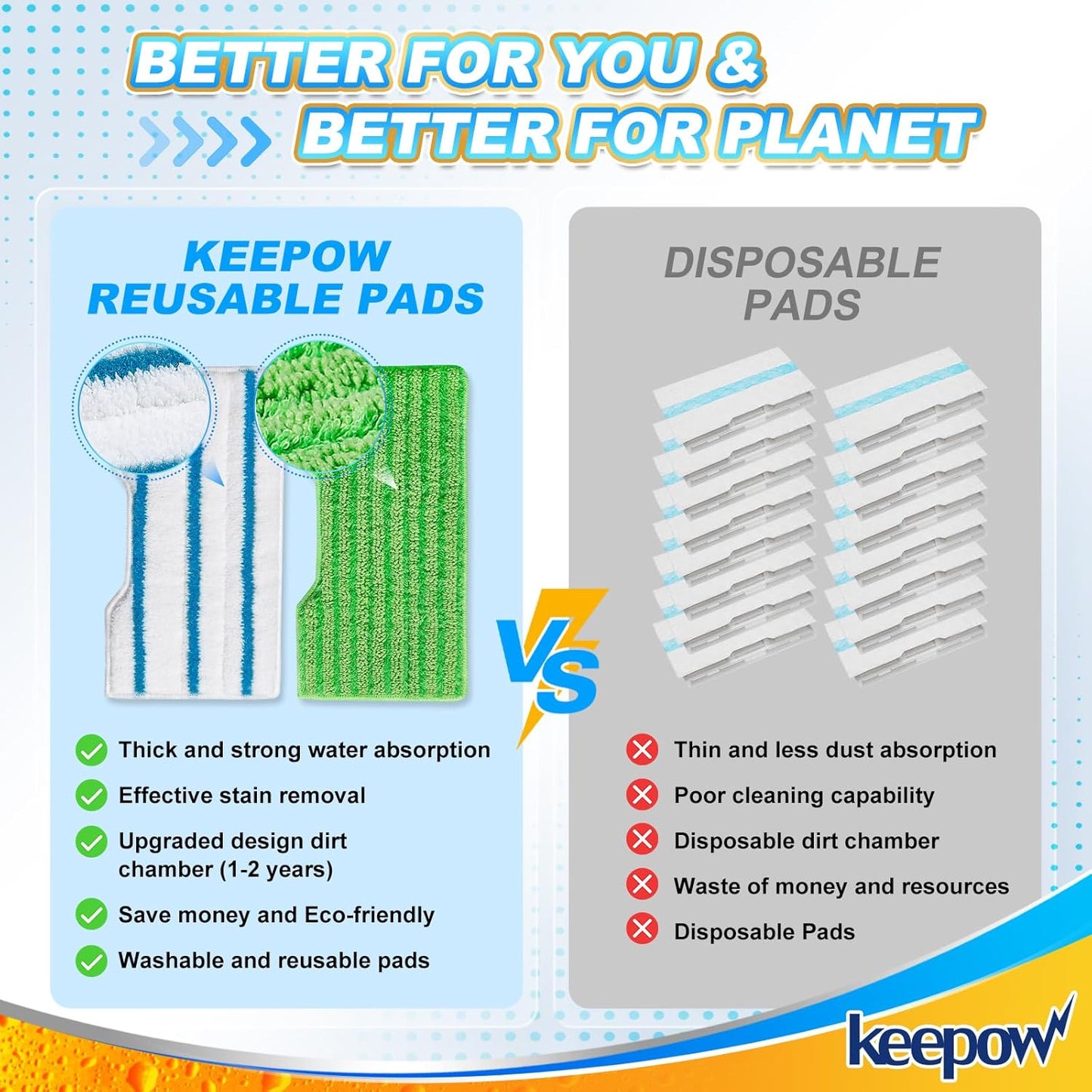 KEEPOW Reusable Mop Replacement Pads Compatible with Shark Vac Mop VM252 VM200 VC205 VM250 VM180 VM401 QM250 VM190, Washable Vacuum Mop Pad Refills, Upgraded Design of Dirt Chamber (1+3+6 Pads)