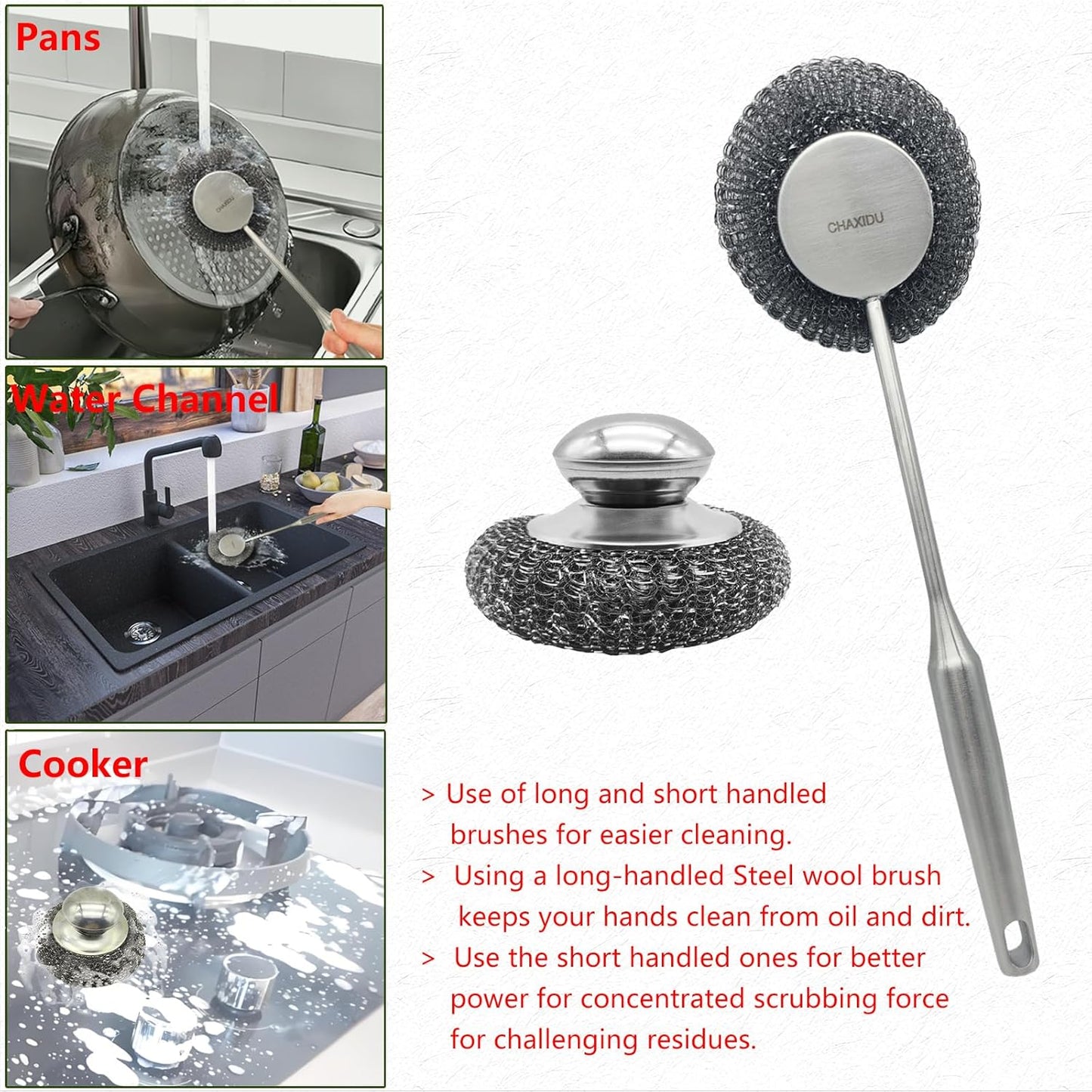 Stainless Steel Wool Scrubber Set, Long Handle & Handle Brushes,Metal Brush for Pots, Pans, Grills & Cutlery Cleaning (3 Pack)