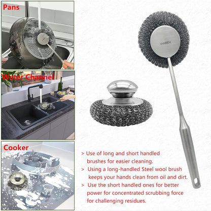 Stainless Steel Wool Scrubber Set, Long Handle & Handle Brushes,Metal Brush for Pots, Pans, Grills & Cutlery Cleaning (3 Pack)