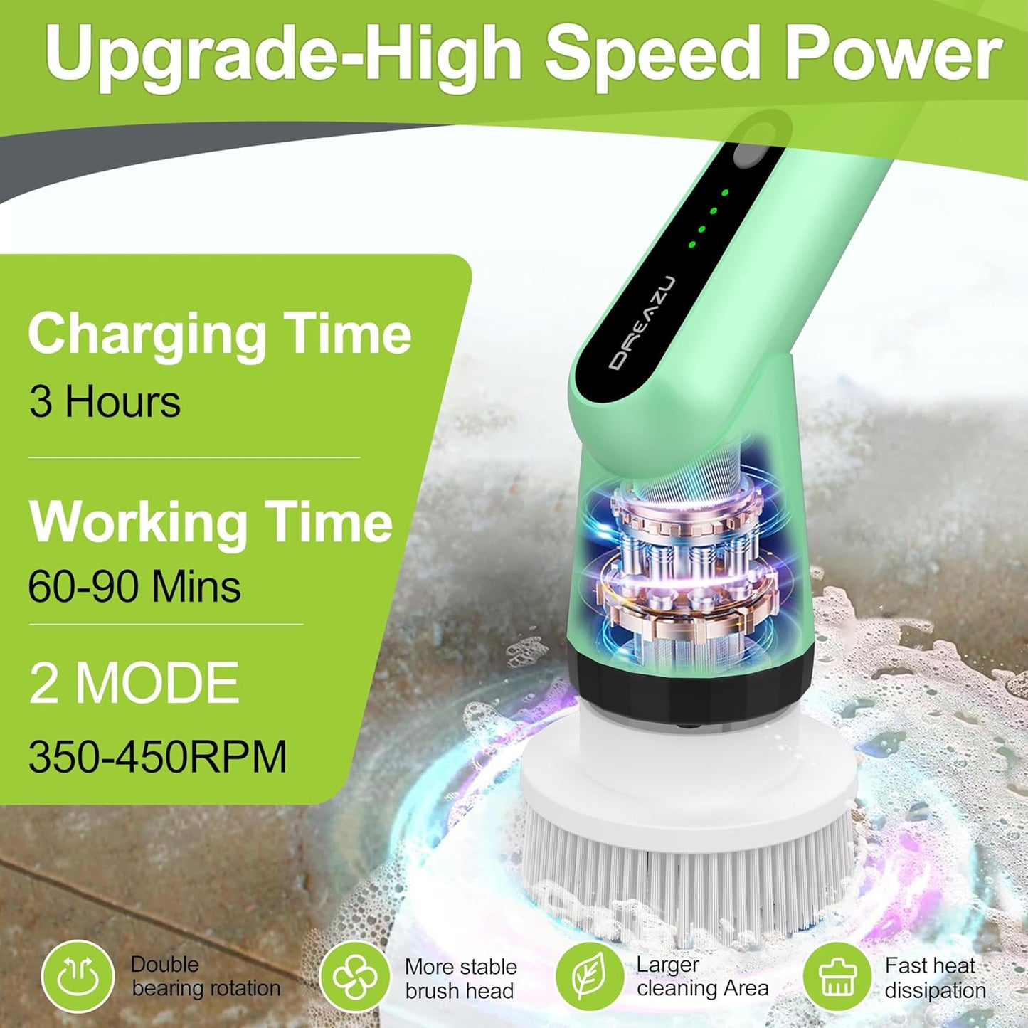 Electric Spin Scrubber, Dreazu IPX7 Shower Scrubber with 7 Replaceable Brush Heads & Retractable Handle, 2-Speed Adjustable Shower Cleaner for Bathroom,Toilet, Bathtub, Kitchen, Tile Floors