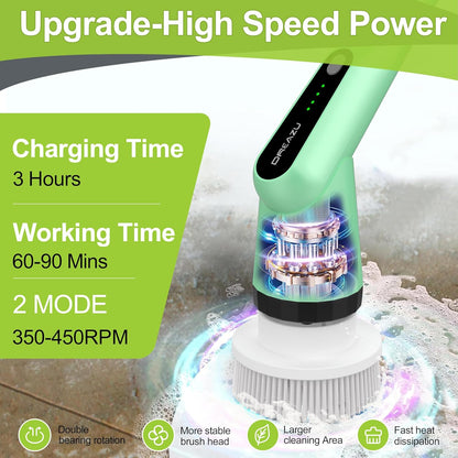 Electric Spin Scrubber, Dreazu IPX7 Shower Scrubber with 7 Replaceable Brush Heads & Retractable Handle, 2-Speed Adjustable Shower Cleaner for Bathroom,Toilet, Bathtub, Kitchen, Tile Floors