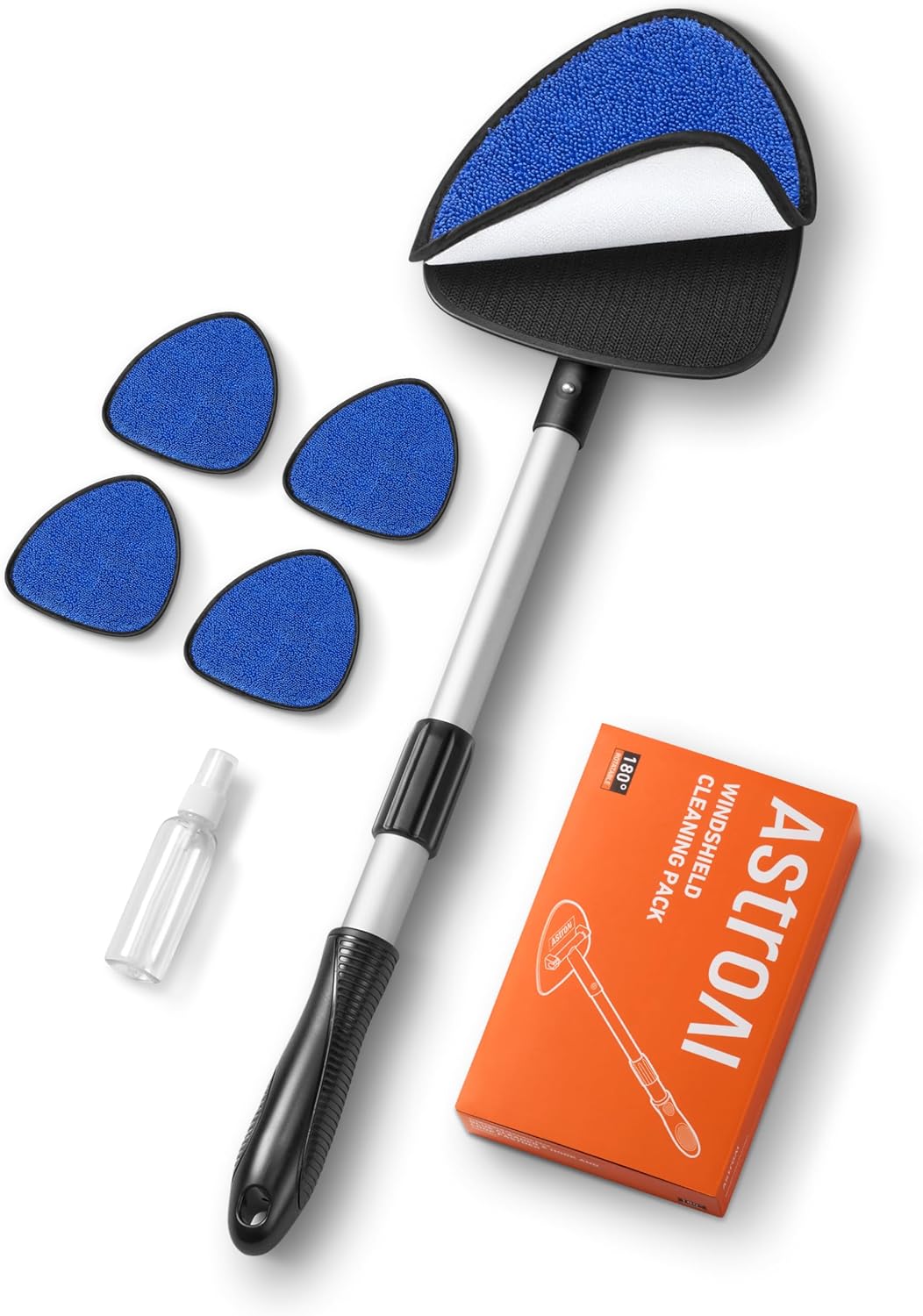 AstroAI Car Windshield Cleaner Tool, Window Cleaning Kit with 39in Car Mirror Squeegee, 4 Reusable Microfiber Pads and Extendable Handle, Blue