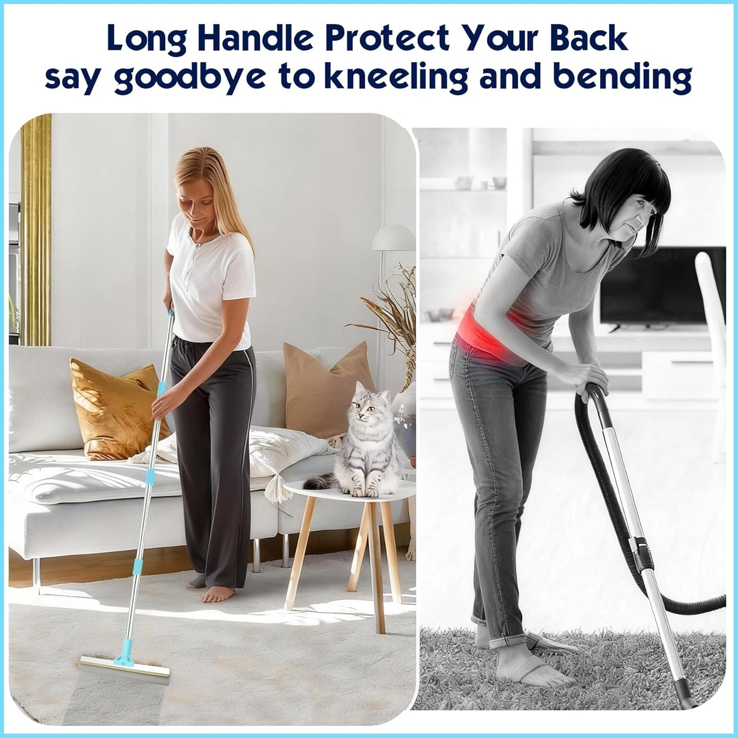 Carpet Rake for Pet Hair Removal, 54" Adjustable Long Handle 3 in 1 Carpet Rake & Pet Hair Removal Gloves for Cat Dog Fur Remover for Carpets, Rugs, Mats and Furniture(with 2 Hooks)