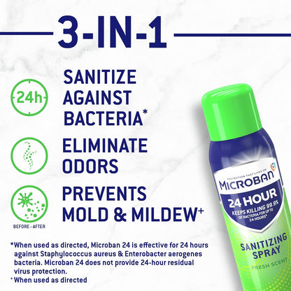 MICROBAN Sanitizing Spray, 15 oz., 2 Pack, Fresh Scent, Disinfects, Sanitizes, Eliminates Odors, and Keeps Killing 99.9% of Bacteria on Hard, Non-Porous Surfaces in Home for up to 24 Hours