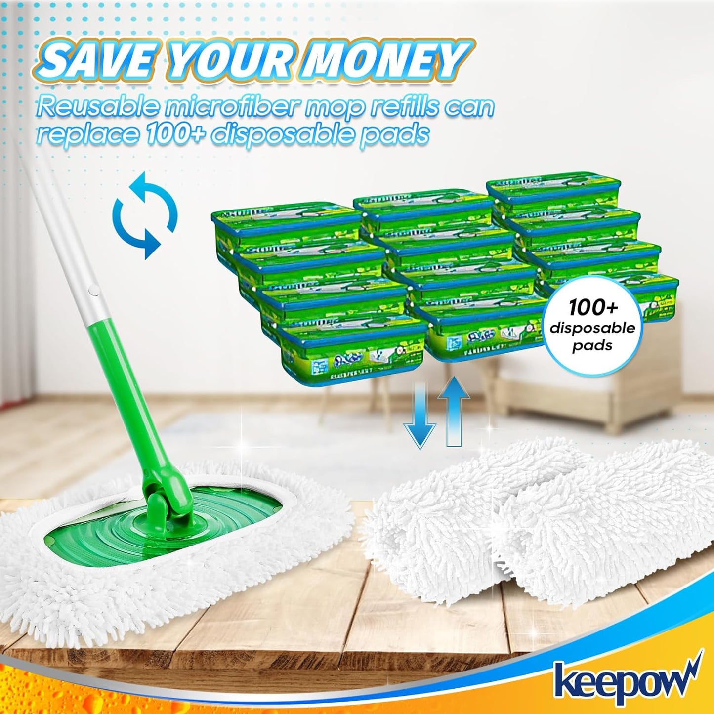 KEEPOW Reusable Microfiber Mop Pads Compatible with Swiffer Sweeper, Dry Sweeping Cloths, Washable Wet Mopping Cloth Refills for Hardwood Floor Cleaning, 6 Pack