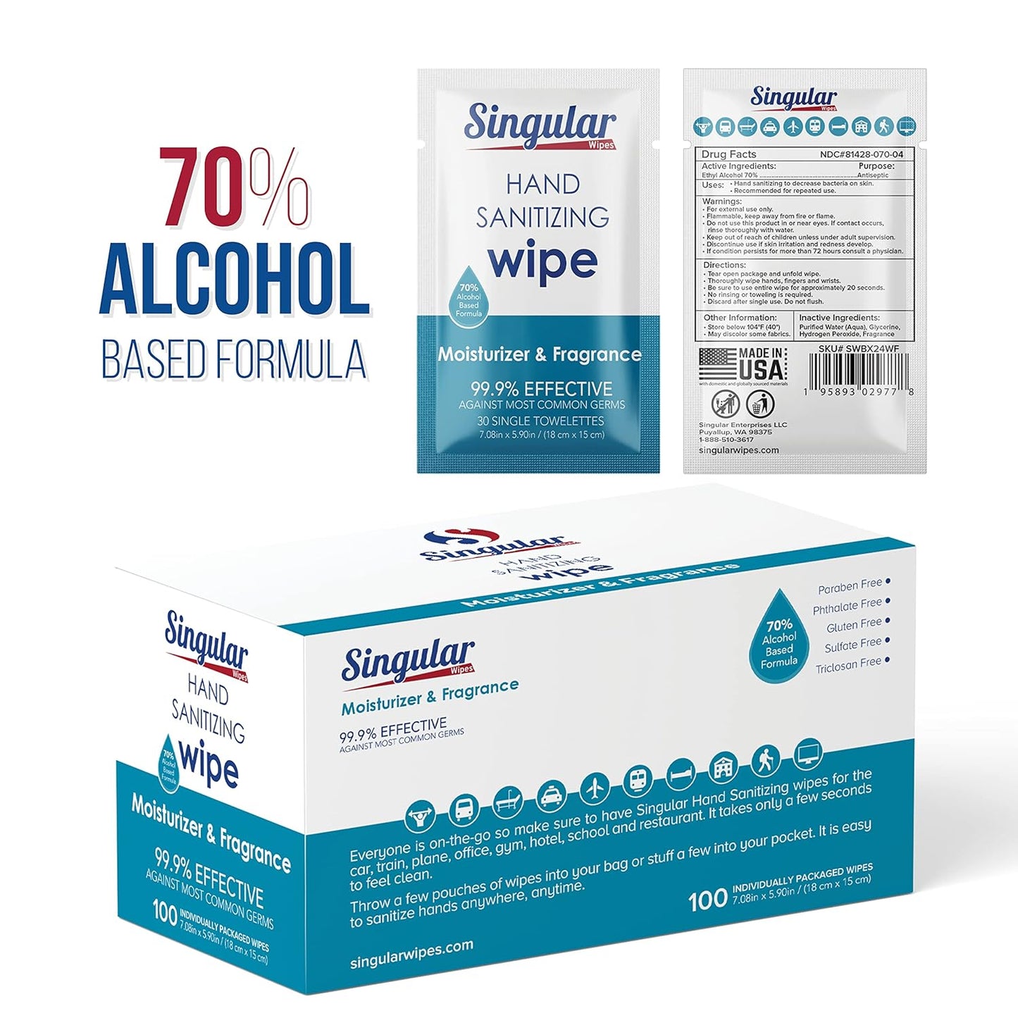 Hand Sanitizing Wipes Travel Size by Singular Wipes – 24ct Individually Wrapped | Fresh Citrus Scent, Moisturizing, 70% Alcohol Wipes | Travel, Office, School, Home | Made in USA