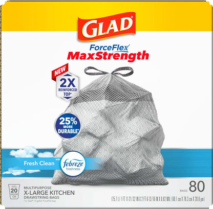 Glad ForceFlex MaxStrength XL Kitchen Trash Bags, 20 Gal, Fresh Clean, 80 Ct (Package May Vary)
