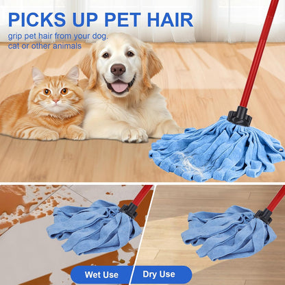 Microfiber Mop Cloth Heads Replacements: One Mop Handle with Three Blue Microfiber Cloth Heads Compatible with All Standard US Threading Pole Handle