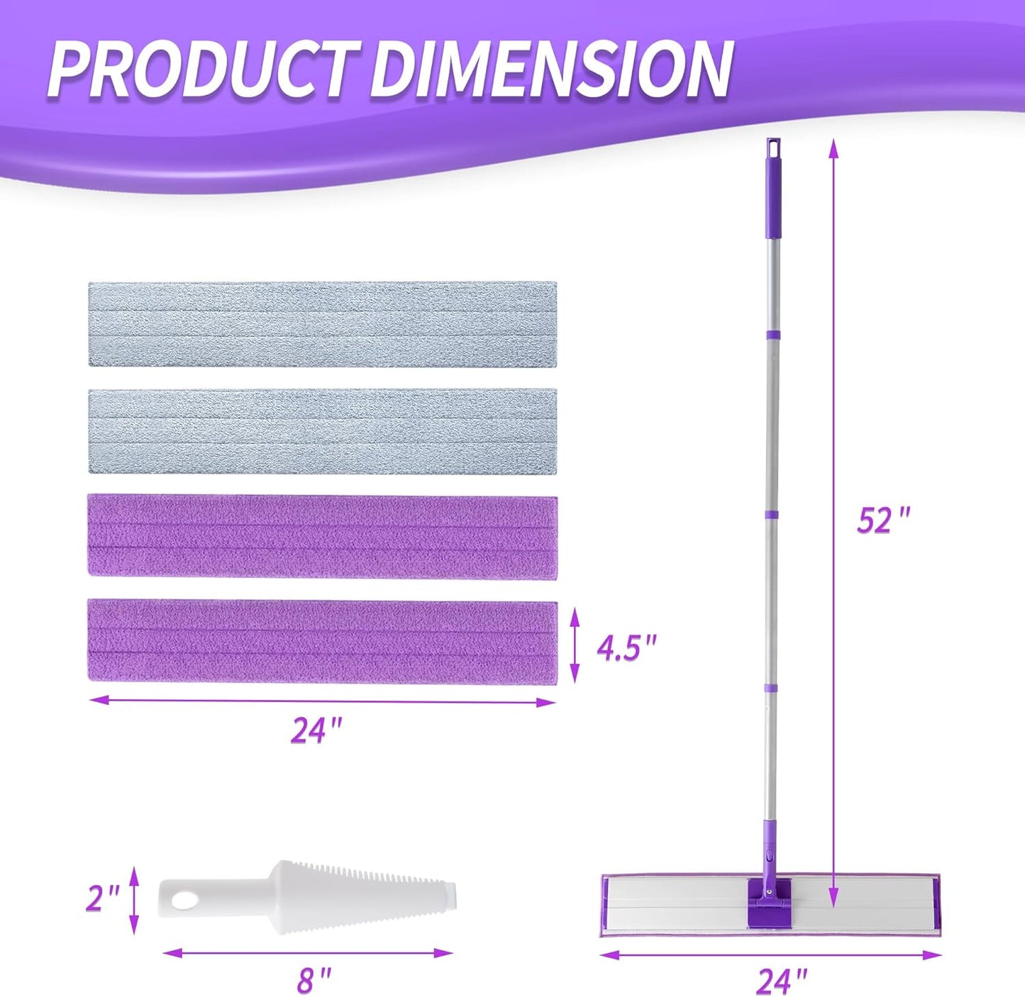 IVYROLL 24" Microfiber Mop for Floor Cleaning, Dry and Wet Floor Mop for Hardwood, Laminate, Tile, Vinyl, with 4 Washable Reusable Microfiber Pads