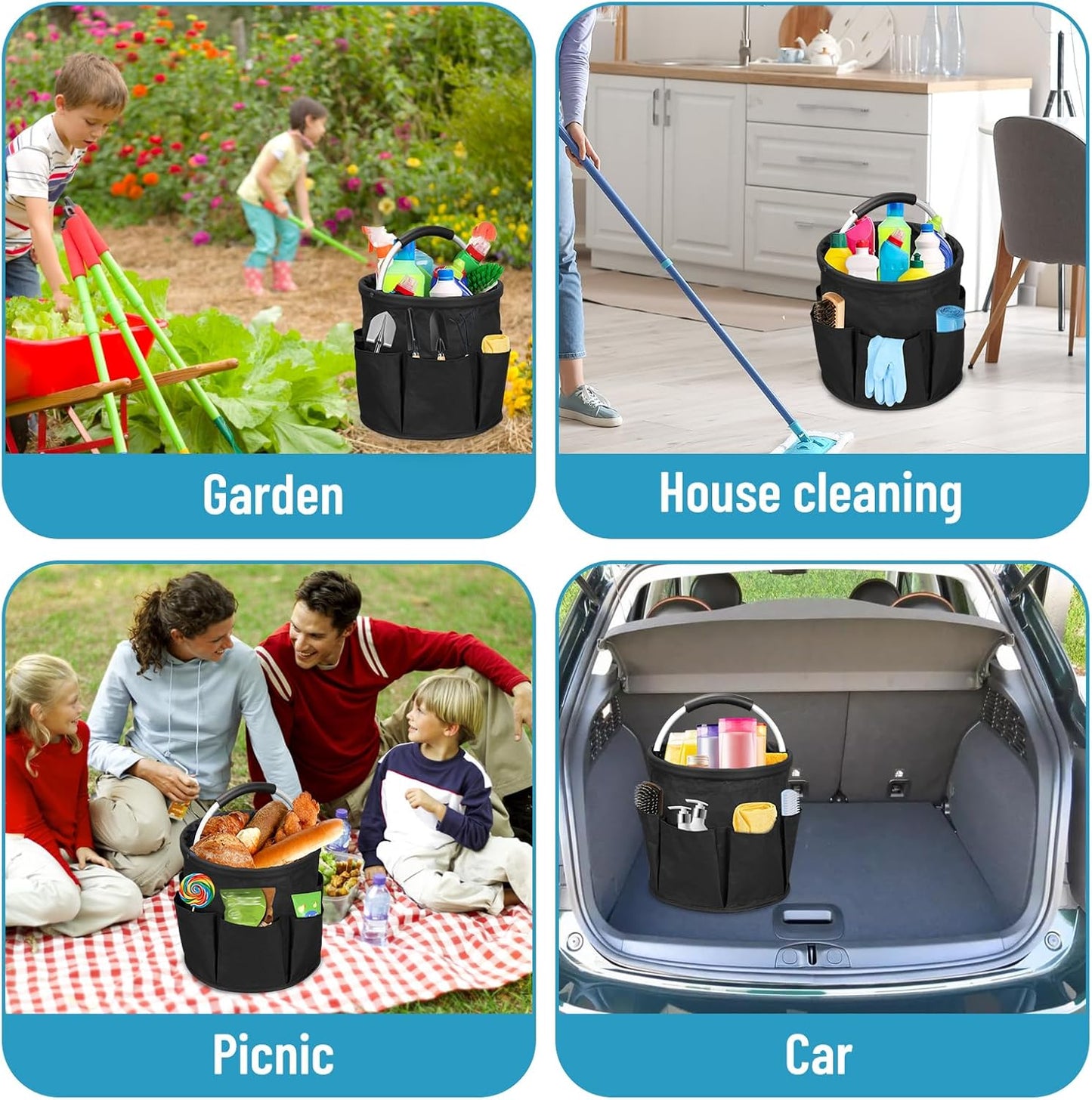 Qivine 17L Cleaning Caddy with Handle, Cleaning Supply Caddy Foldable Tool Bag Cleaning Products Organizers Portable Cleaning Bucket Organiser for Storing Towels(Blue)