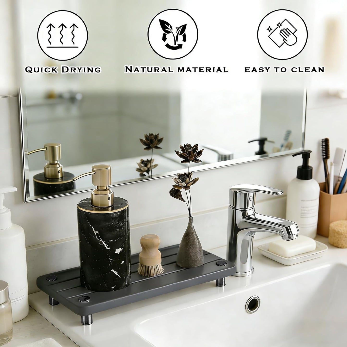 Instant Dry Sink Tray, Anti-Slip Stone Sink Caddy, Durable Kitchen Sink Organizer, Quick Dry Water Absorbing Stone Tray for Bathroom Counter, Stone Soap Tray -Dark Gray