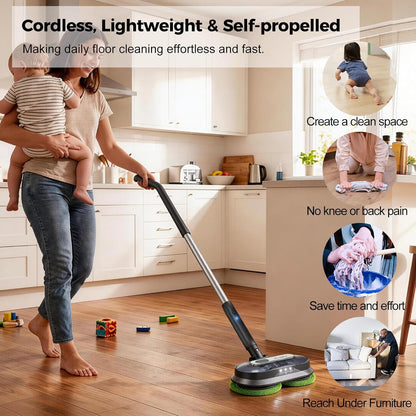 BLONEX Cordless Electric Mop with Spray & Detachable Water Tank, Lightweight Electric Spin Mop with Headlights for Hardwood Tile Laminate Floors, Long-Lasting Battery, Self-Propelled Floor Cleaner